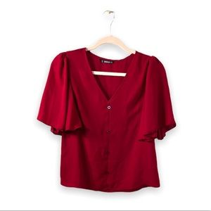 Red Flutter Sleeve Blouse